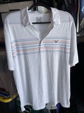 Callaway White Polo with Blue and Coral Stripes
